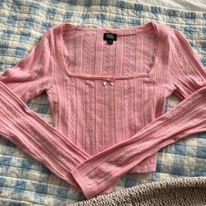 Pink Long Sleeve Pointelle cropped Knit Top